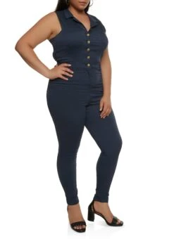 Plus Size Twill Button Front Hyper Stretch Jumpsuit