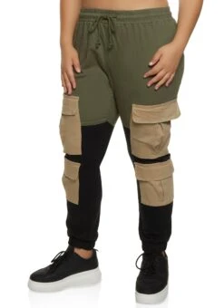 Plus Size Twill Color Block Cargo Joggers