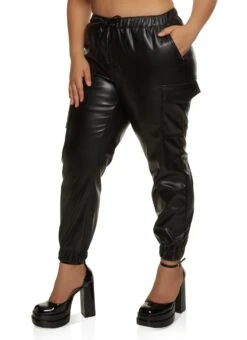 Plus Size Faux Leather Cargo Joggers