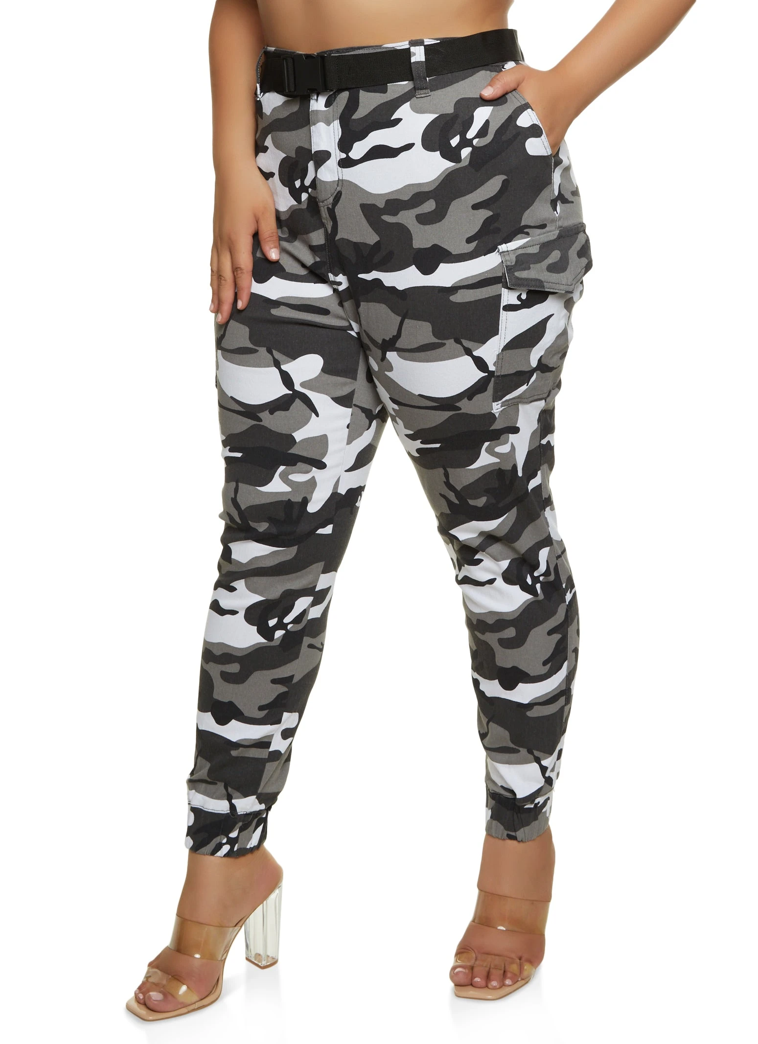 Plus Size Belted Camo Cargo Joggers