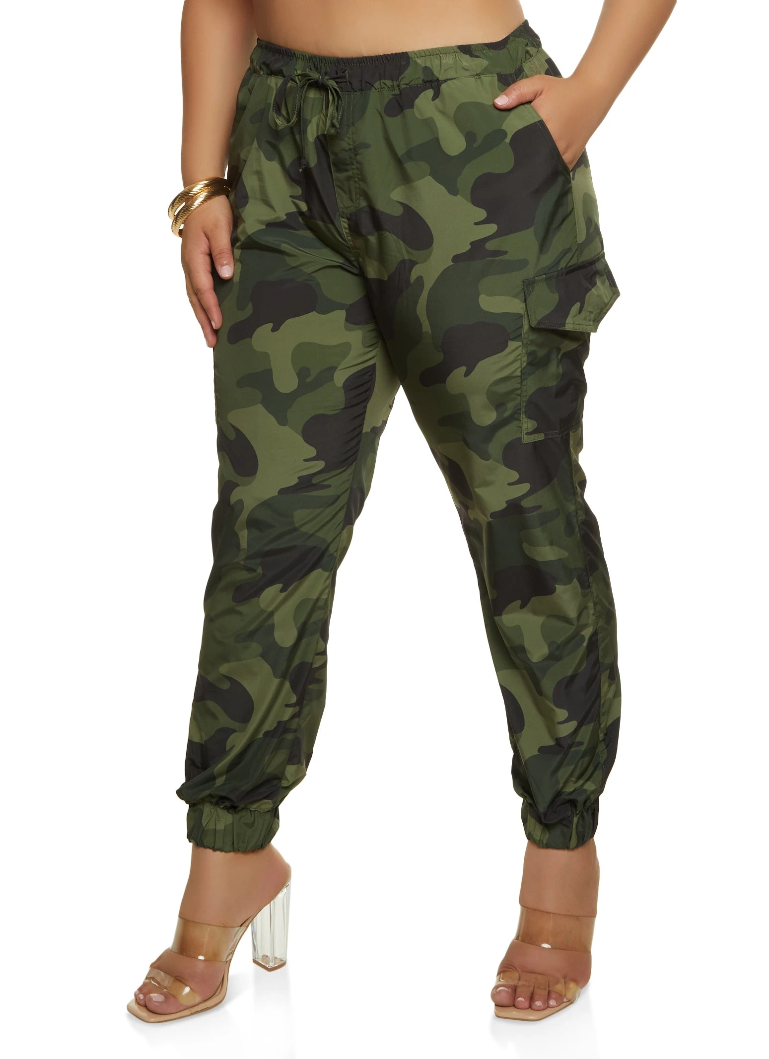 Plus Size Nylon Camo Cargo Joggers