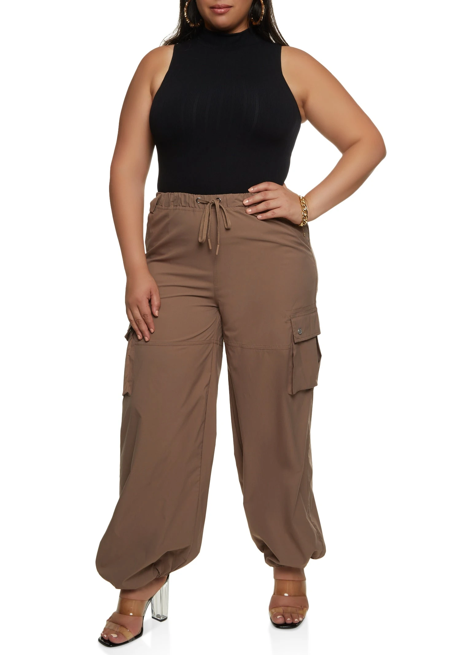 Plus Size Solid Drawstring Waist Cargo Joggers - Image 2