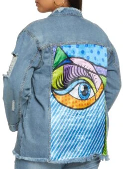Plus Size Abstract Eye Graphic Patch Distressed Jean Jacket