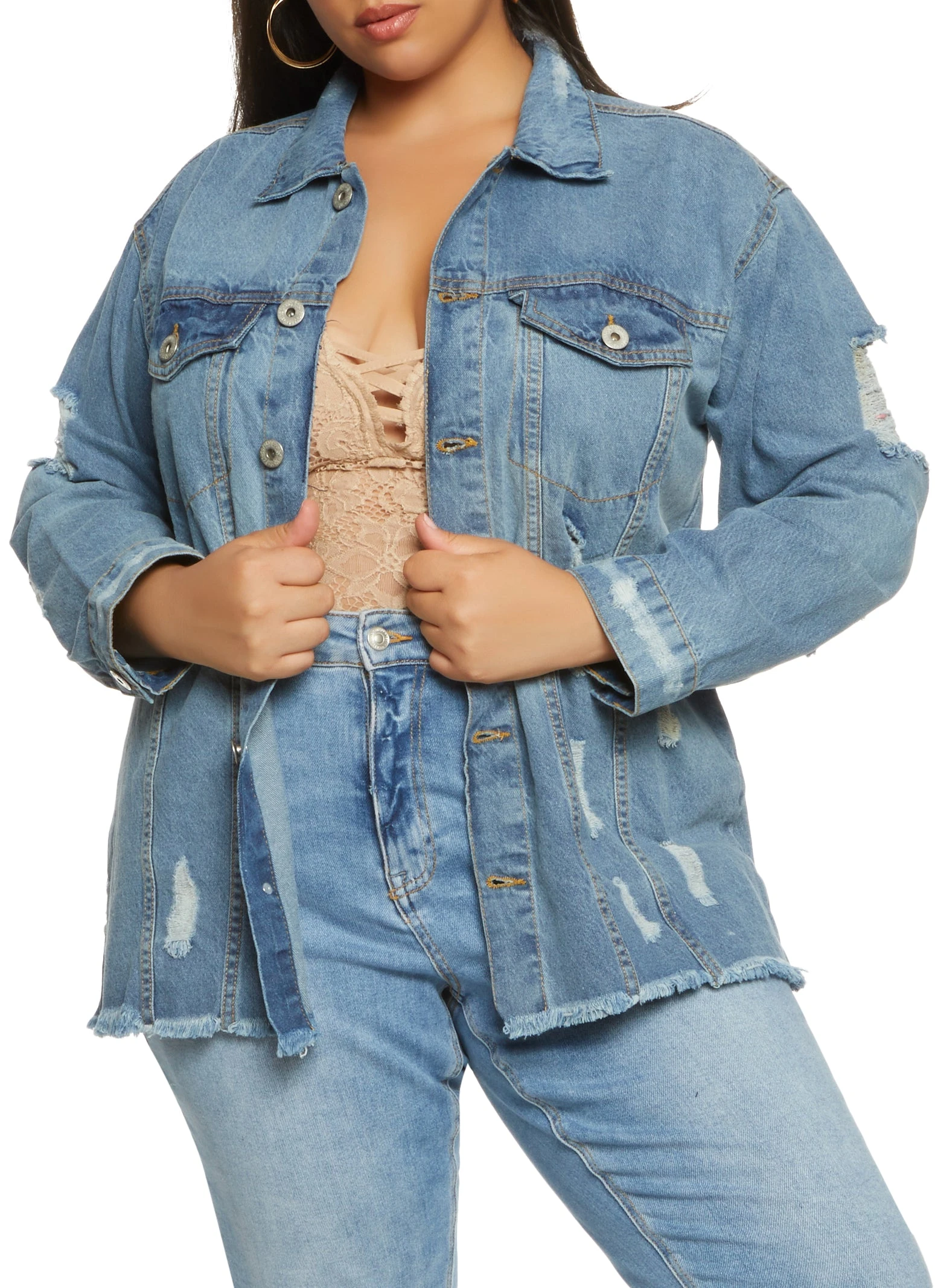 Plus Size Abstract Eye Graphic Patch Distressed Jean Jacket - Image 2