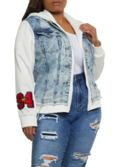 Plus Size Fleece Hooded Denim Jacket