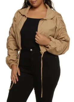 Plus Size Zip Front Ruched Sleeve Cropped Jacket
