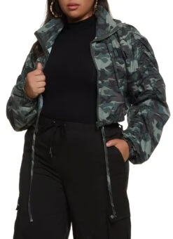 Plus Size Camo Ruched Sleeve Windbreaker Jacket