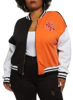 Plus Size Color Block NYC Zip Up Varsity Jacket