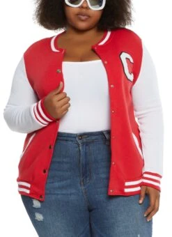 Plus Size Color Block Letterman Jacket