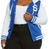 Plus Size Hooded Color Block Letterman Jacket