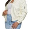 Plus Size Faux Leather Ruched Sleeve Bomber Jacket
