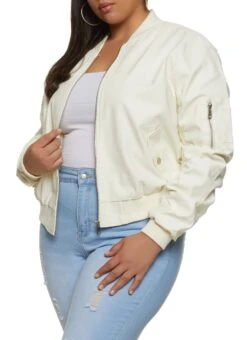 Plus Size Faux Leather Ruched Sleeve Bomber Jacket