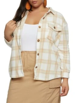 Plus Size Fleece Plaid Button Down Shacket