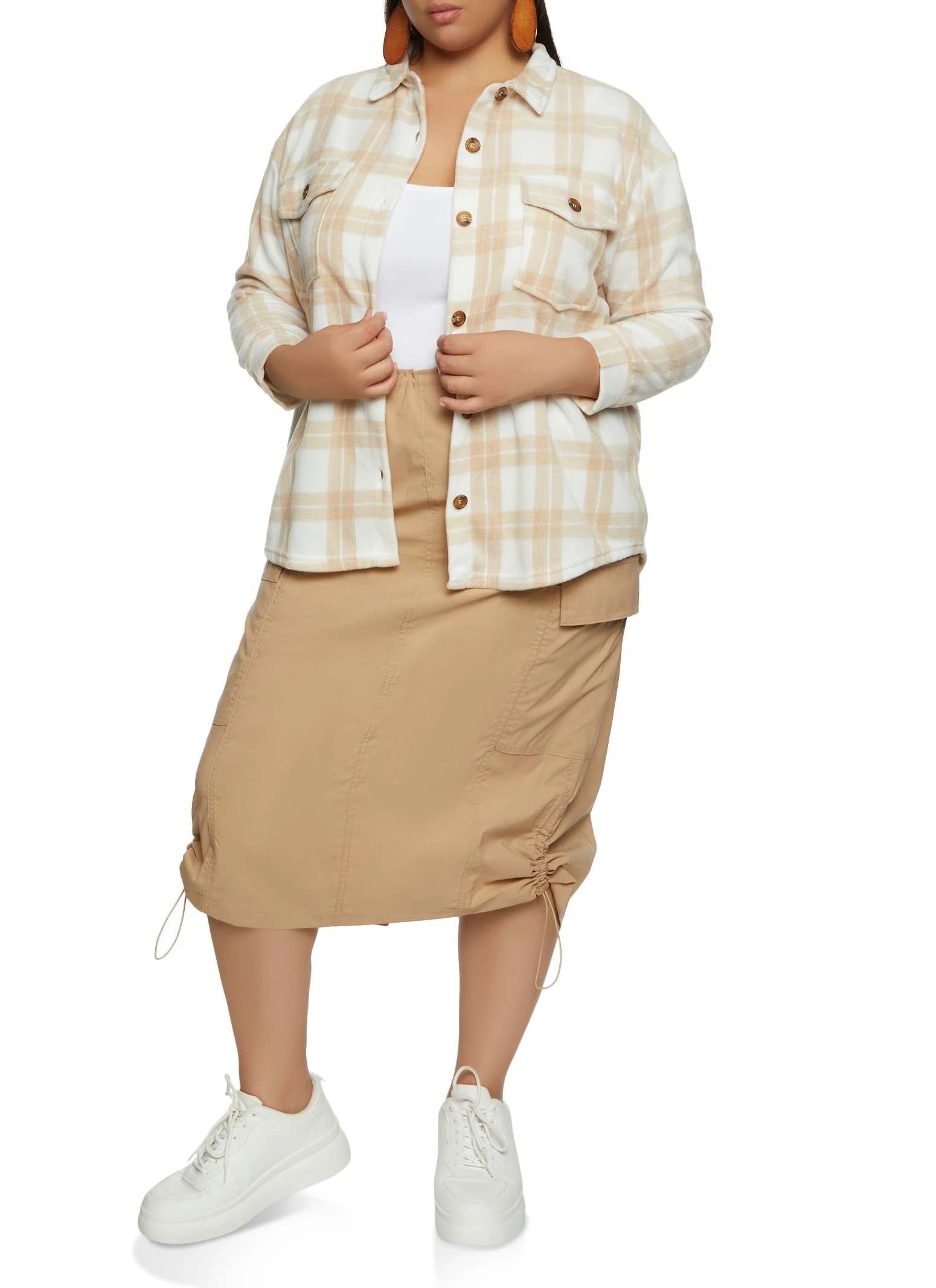 Plus Size Fleece Plaid Button Down Shacket - Image 2