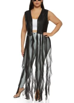 Plus Size Leather Look Mesh Fringe Vest