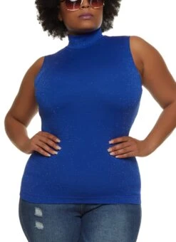 Plus Size Lurex Seamless Mock Neck Tank Top