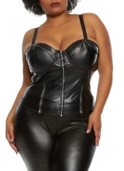 Plus Size Faux Leather Zip Front Bustier Top