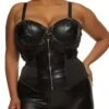 Plus Size Solid Faux Leather Zip Up Bustier Top