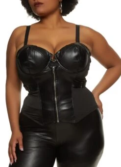 Plus Size Solid Faux Leather Zip Up Bustier Top