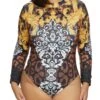 Plus Size Mixed Print Ruched Sleeve Bodysuit