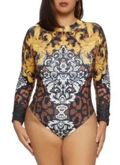 Plus Size Mixed Print Ruched Sleeve Bodysuit
