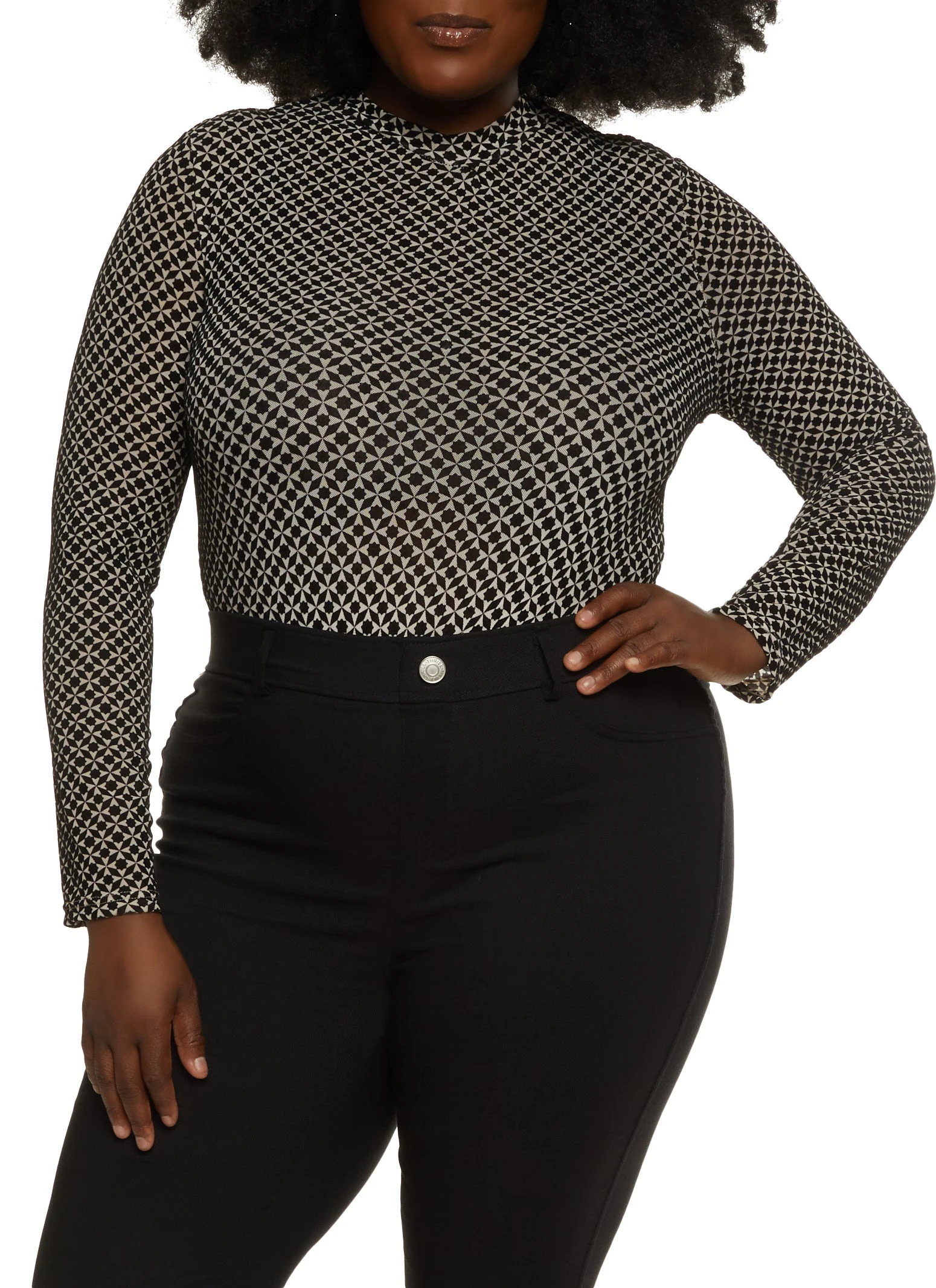 Plus Size Patterned Mock Neck Long Sleeve Bodysuit - Image 2