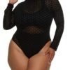 Plus Size Mesh Geometric Patterned Long Sleeve Bodysuit