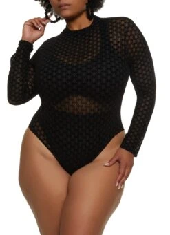 Plus Size Mesh Geometric Patterned Long Sleeve Bodysuit
