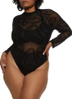 Plus Size Mesh Chain Print Long Sleeve Bodysuit