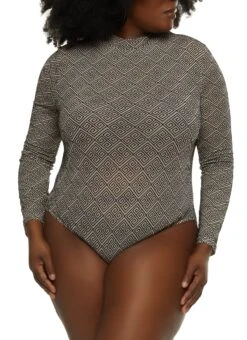 Plus Size Mesh Geometric Print Long Sleeve Bodysuit