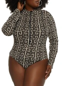 Plus Size Maze Print Half Zip Bodysuit