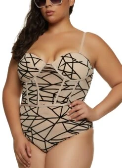 Plus Size Velvet Burnout Patterned Mesh Bodysuit