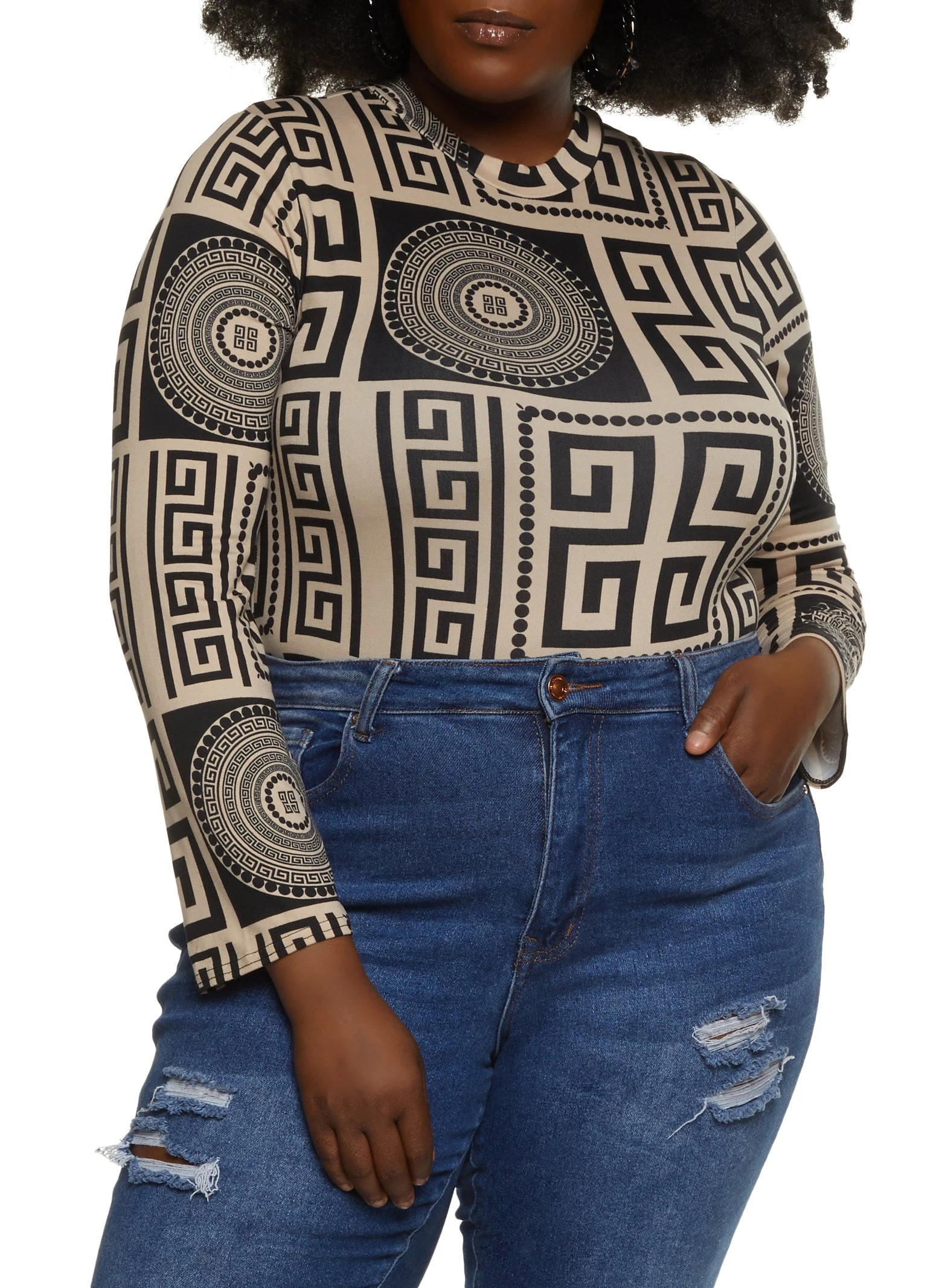 Plus Size Long Sleeve Geometric Patterned Bodysuit - Image 2