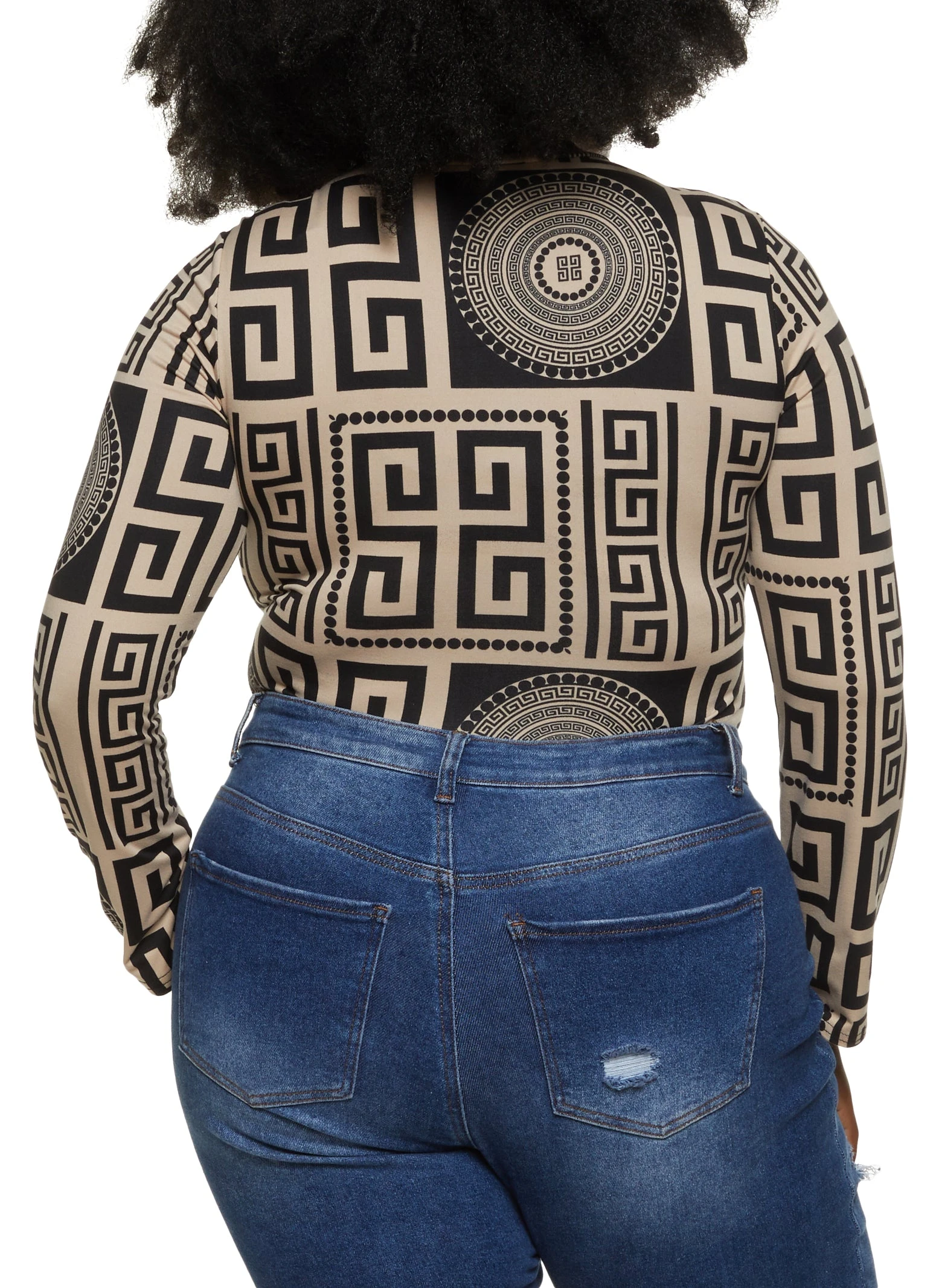 Plus Size Long Sleeve Geometric Patterned Bodysuit - Image 3
