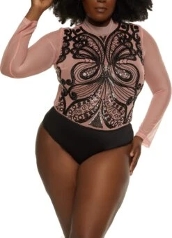 Plus Size Butterfly Sequin Mesh Long Sleeve Bodysuit