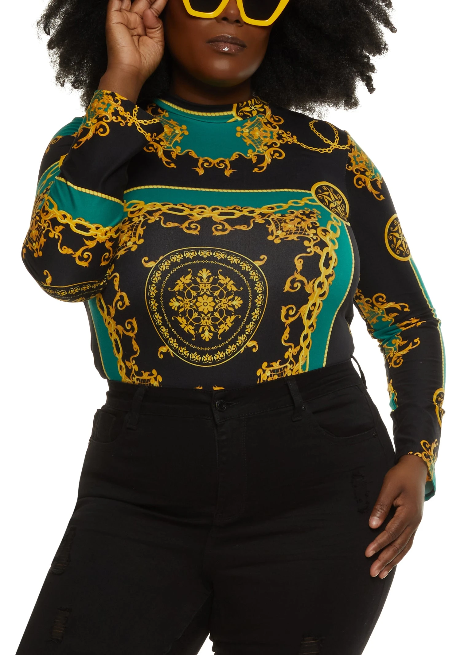 Plus Size Status Print Long Sleeve Bodysuit - Image 2