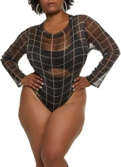 Plus Size Lurex Window Pane Patterned Long Sleeve Bodysuit