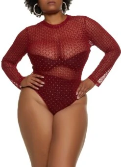 Plus Size Velvet Burnout Glitter Patterned Bodysuit