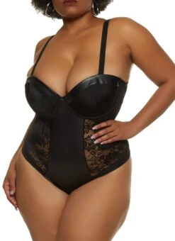 Plus Size Faux Leather Lace Bustier Bodysuit