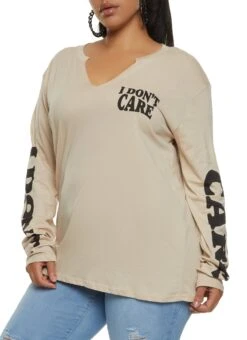 Plus Size I Dont Care Graphic Long Sleeve Tee