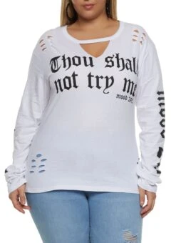 Plus Size Keyhole Long Sleeve Graphic Tee