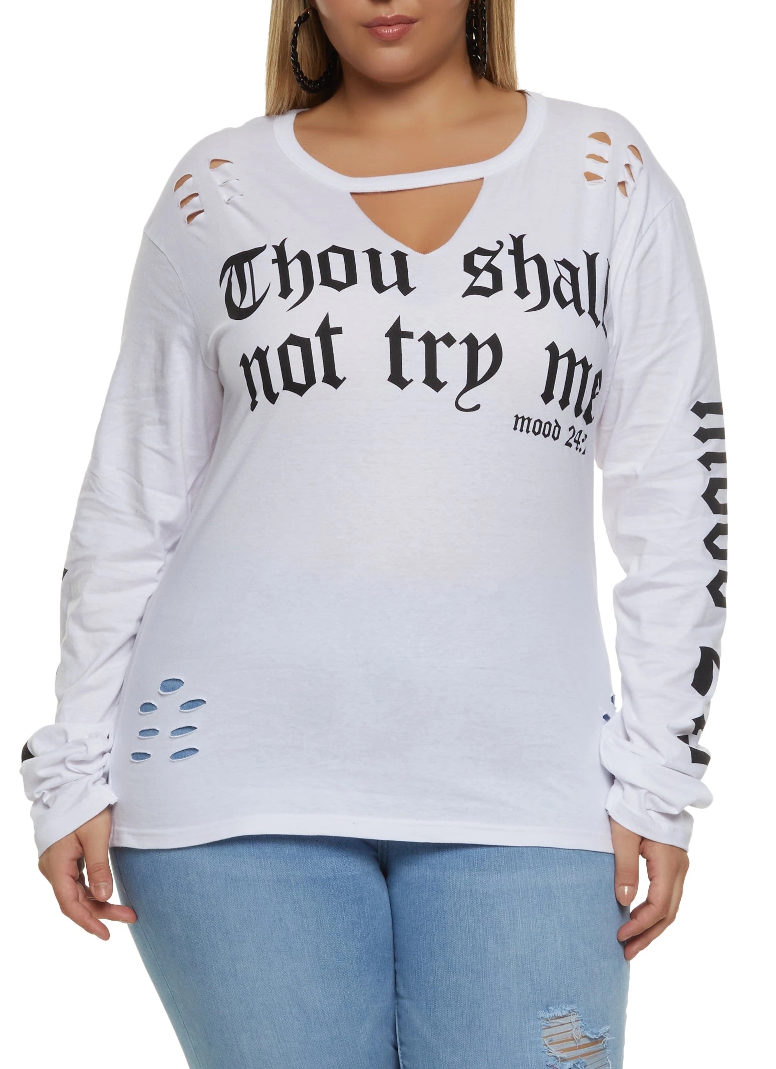 Plus Size Keyhole Long Sleeve Graphic Tee