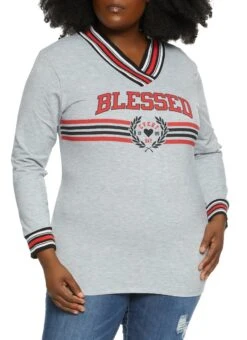 Plus Size Blessed Long Sleeve Varsity Tee