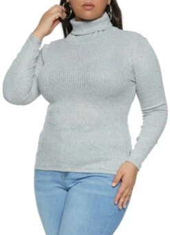 Plus Size Ribbed Knit Turtleneck Long Sleeve Top