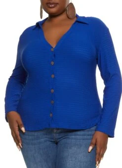 Plus Size Smocked Button Front Long Sleeve Shirt