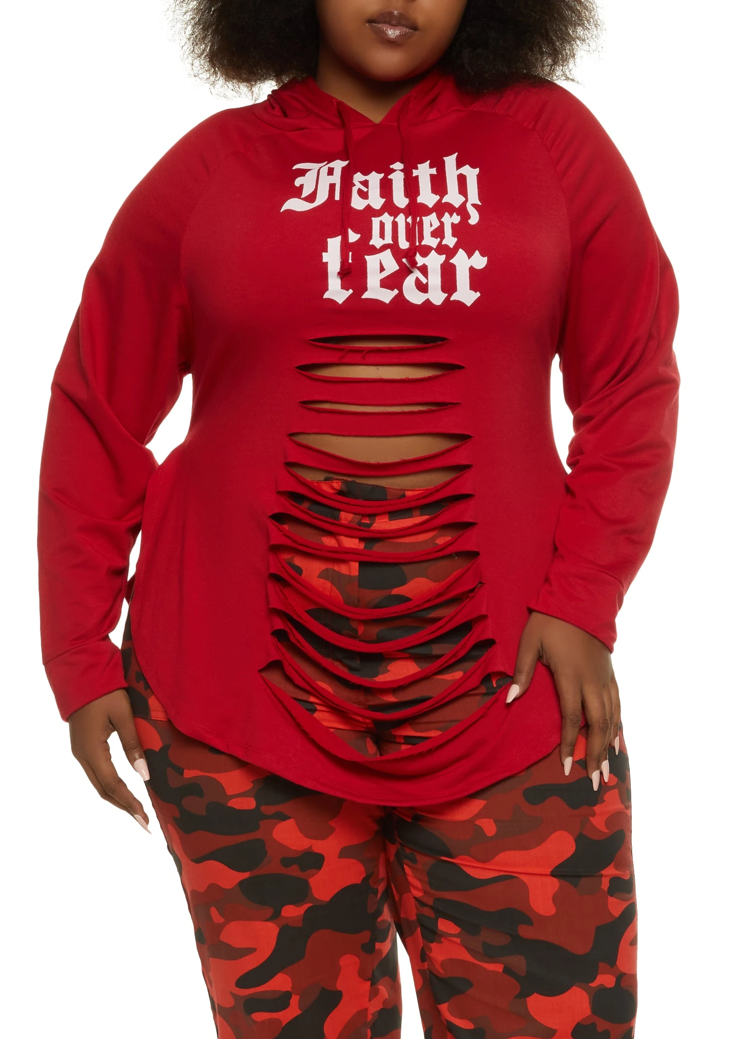 Plus Size Faith Over Fear Laser Cut Graphic Hoodie