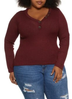 Plus Size Waffle Knit Faux Button Detail Henley Top