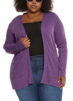 Plus Size Waffle Knit Open Front Cardigan
