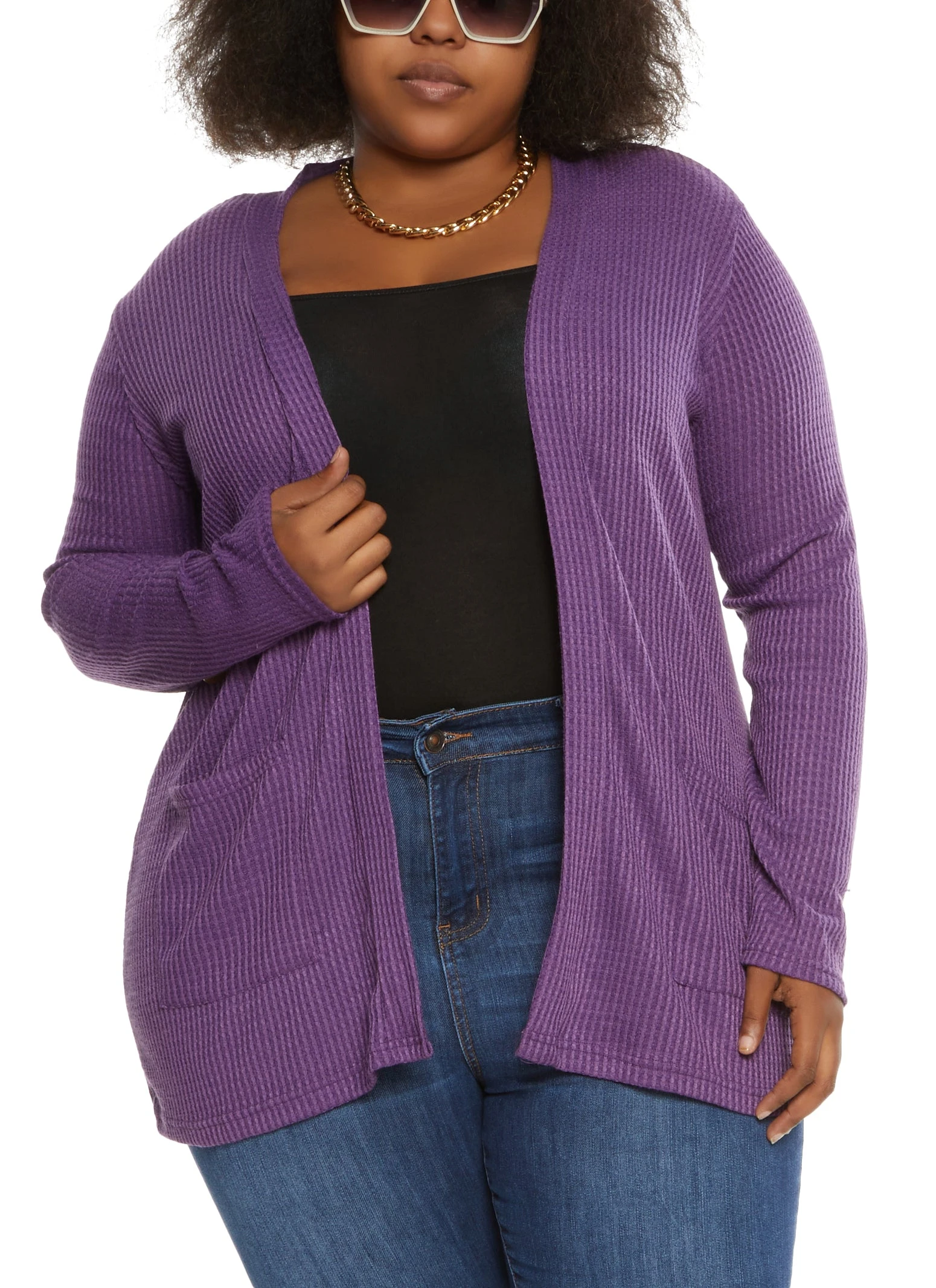 Plus Size Waffle Knit Open Front Cardigan