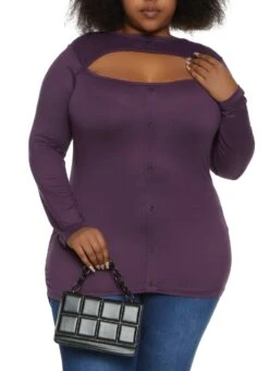 Plus Size Button Detail Cut Out Long Sleeve Top